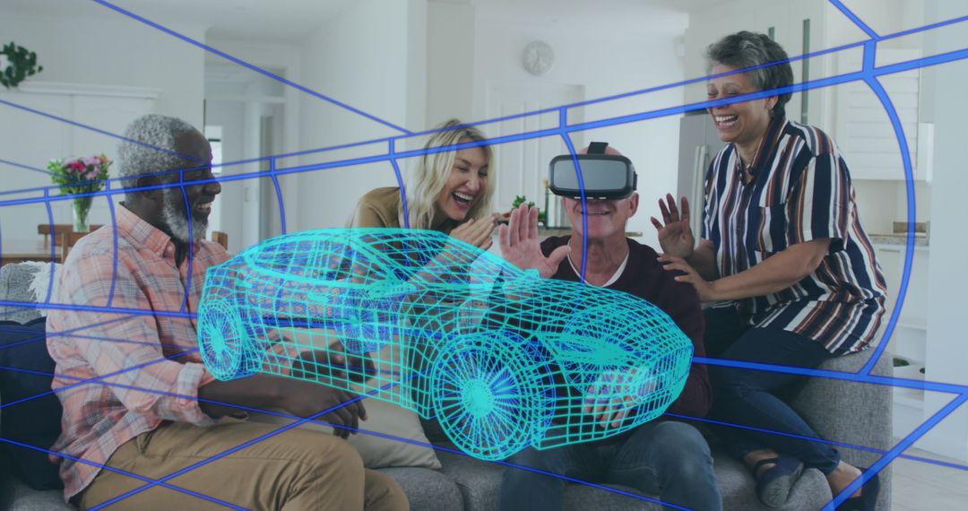 Diverse Seniors Experiencing Virtual Reality with Futuristic Car Model