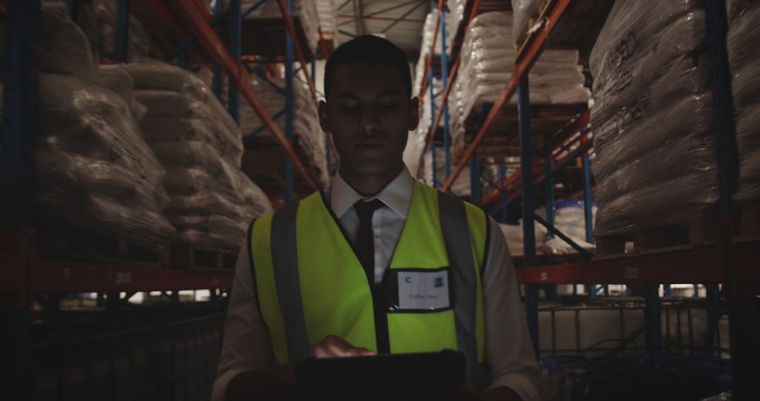 Warehouse Worker Checking Inventory Using a Tablet in Dim Lighting - Free Images, Stock Photos and Pictures on Pikwizard.com