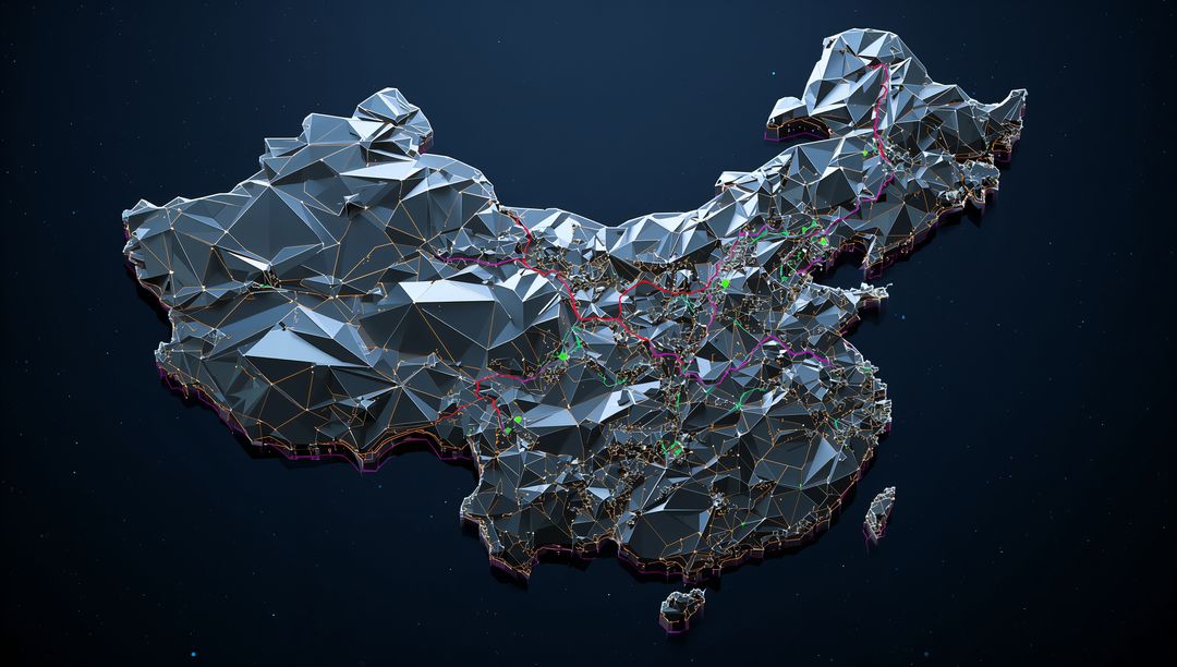 Futuristic Low-Poly Metallic Map of China with Digital Connectivity