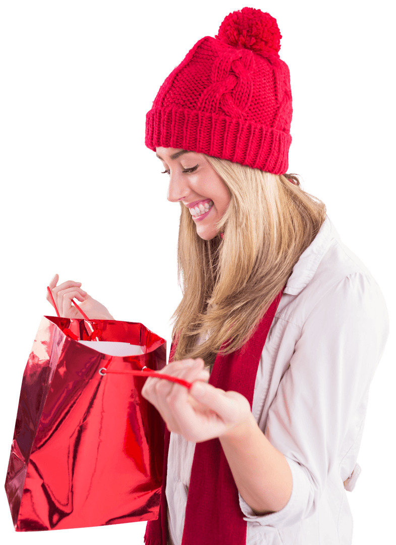 Happy Woman Invisible Background Unwrapping Red Gift Bag