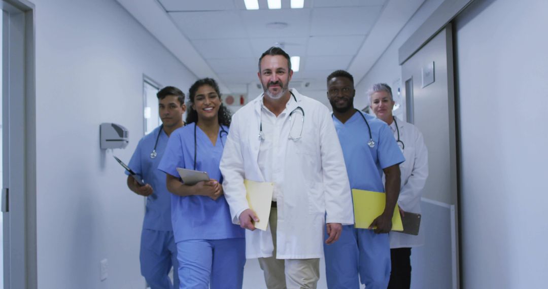 Medical Team Walking Confidently Down Hospital Corridor Carrying Files and Stethoscopes