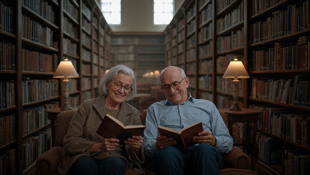 Senior couple reading together in cozy library with warm lamps and bookshelves