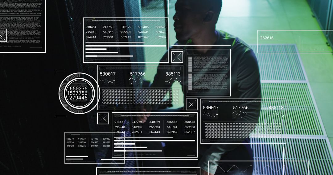 Engineer Analyzing Data with High-Tech Display in Server Room - Free Images, Stock Photos and Pictures on Pikwizard.com