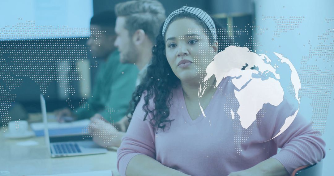 Woman Leading Meeting with Digital Global Overlay in Office