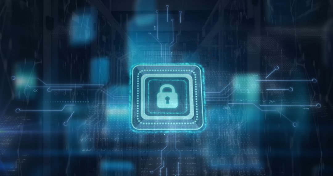 Cybersecurity Concept with Holographic Lock Symbol and Circuit Pattern