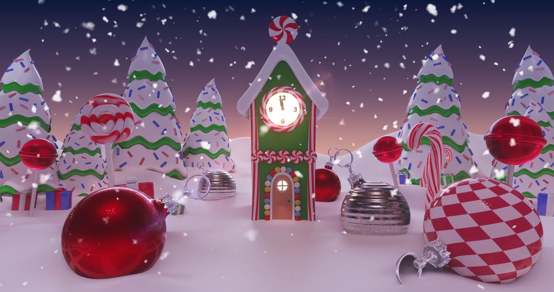 Festive Christmas Village Scene with Snowfall and Decorated Trees