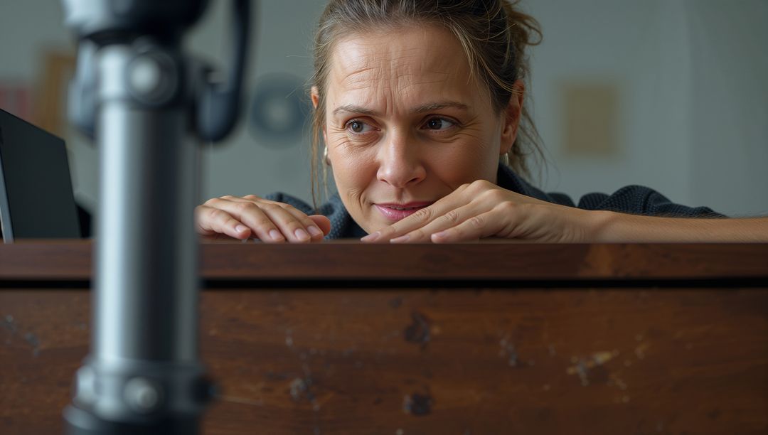 Middle-aged Woman Exploring Home Creative Workspace with Microphone