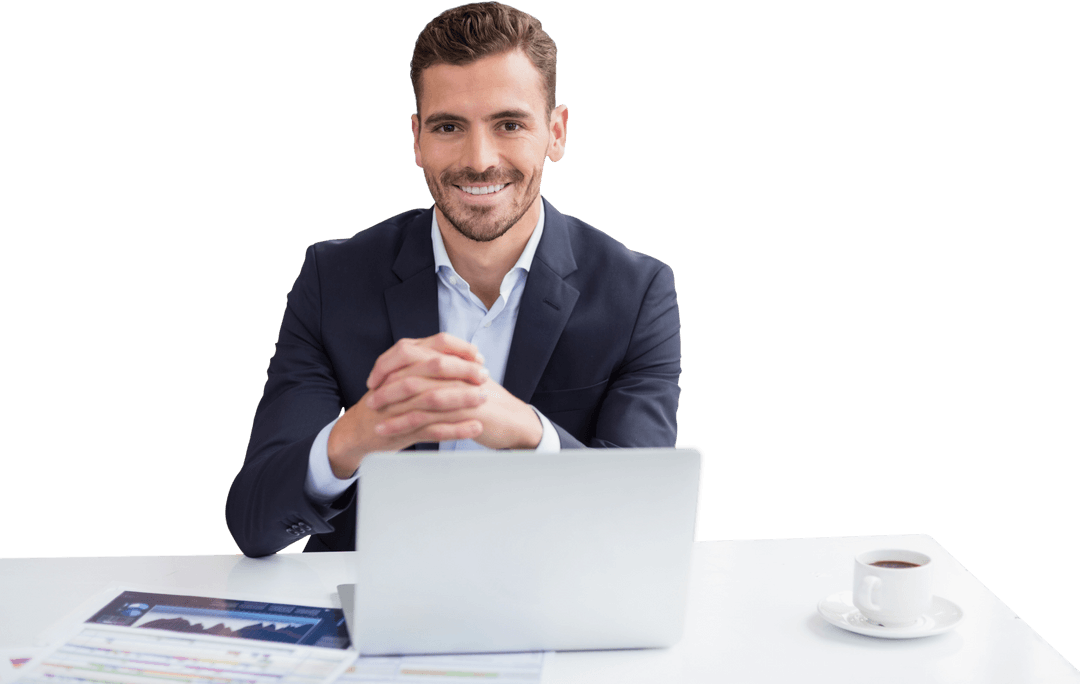 Transparent Businessman Smiling While Seated at Laptop