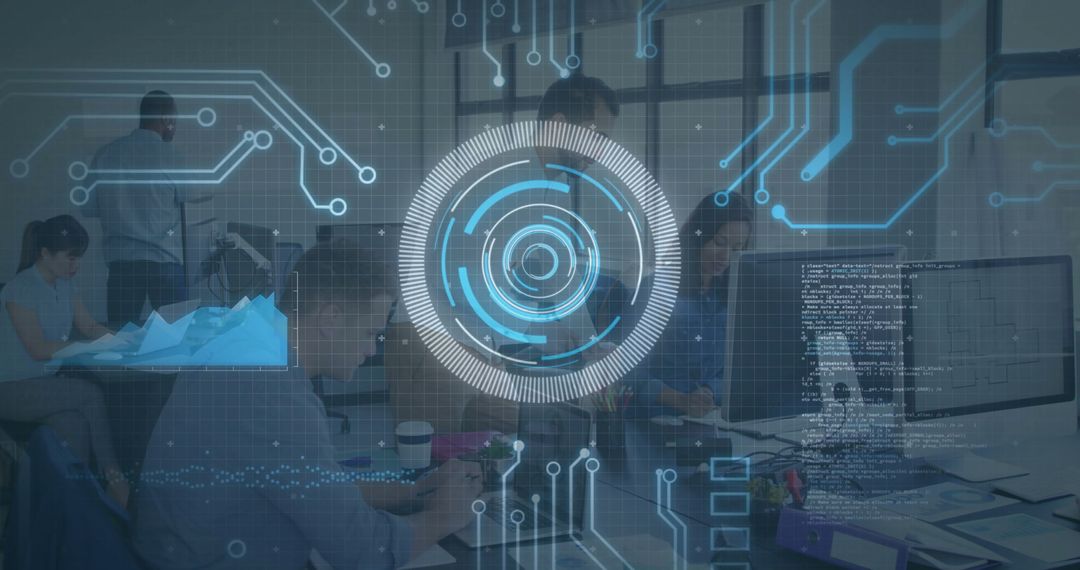 High-Tech Team Collaboration in Modern Office with HUD Interface