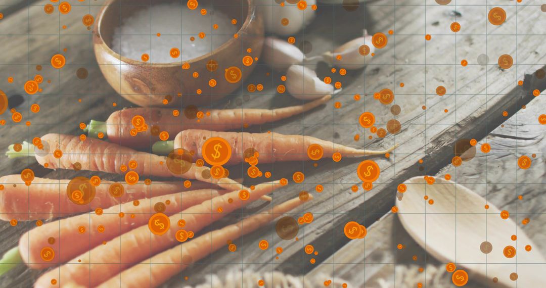 Fresh carrot harvest on rustic wood with floating dollar icons representing produce value