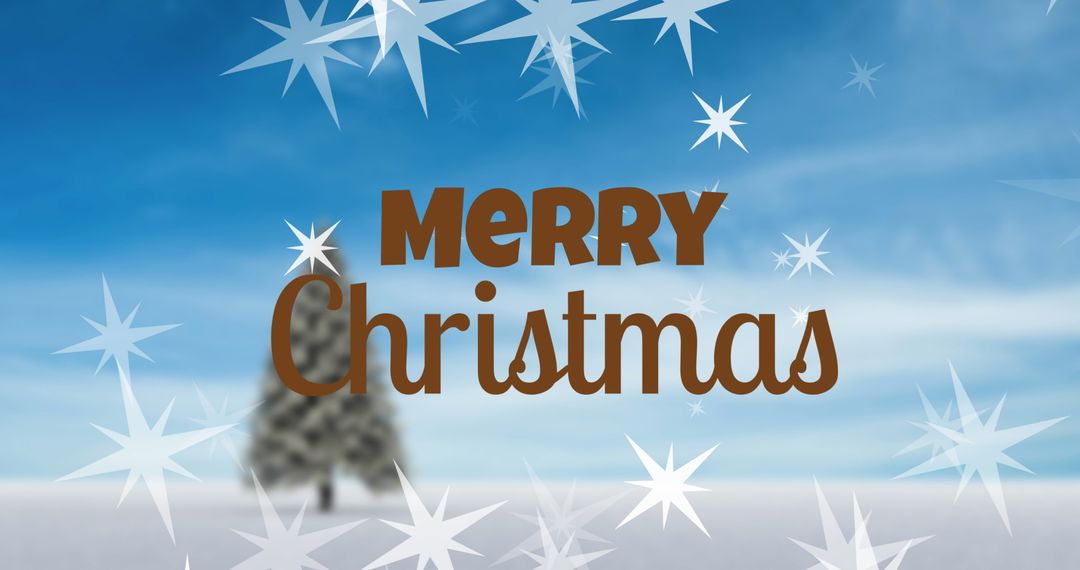 Merry Christmas Text Over Snowy Landscape with Sparkling Stars