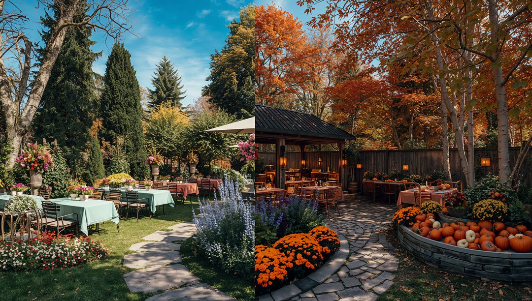 Rustic Autumn Garden Cafe with Wooden Seating and Vibrant Foliage