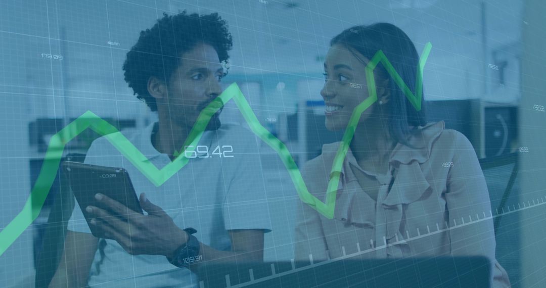 Office Professionals Discussing Business Data with Chart Overlay