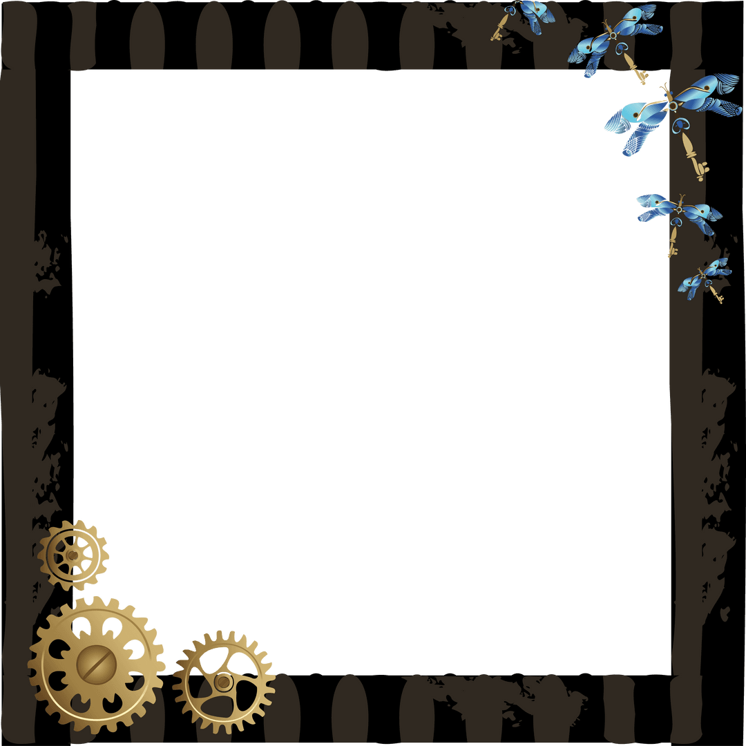 Steampunk Frame with Golden Gears and Blue Butterflies on Transparent Background
