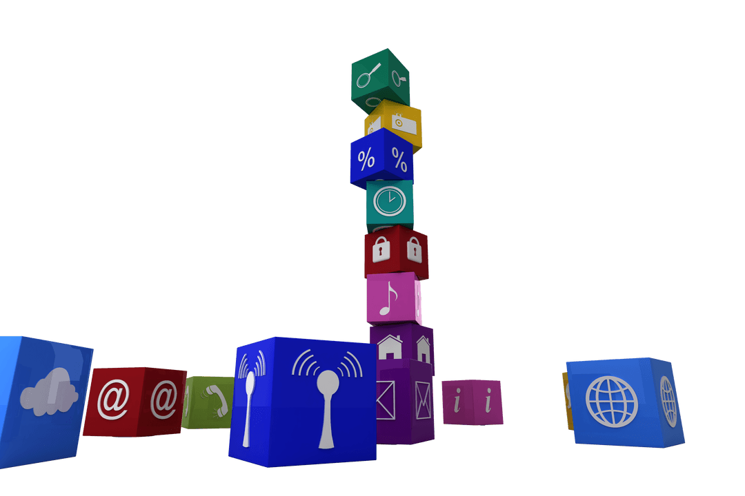 Digital Stack of Multimedia Icons on Transparent Background