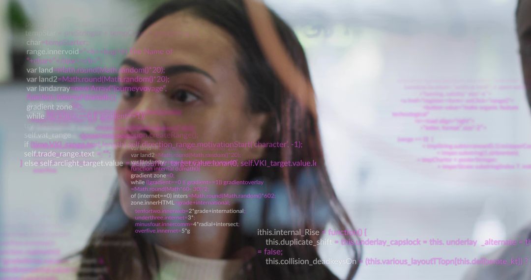 Female Developer Analyzing Code Display on Transparent Screen