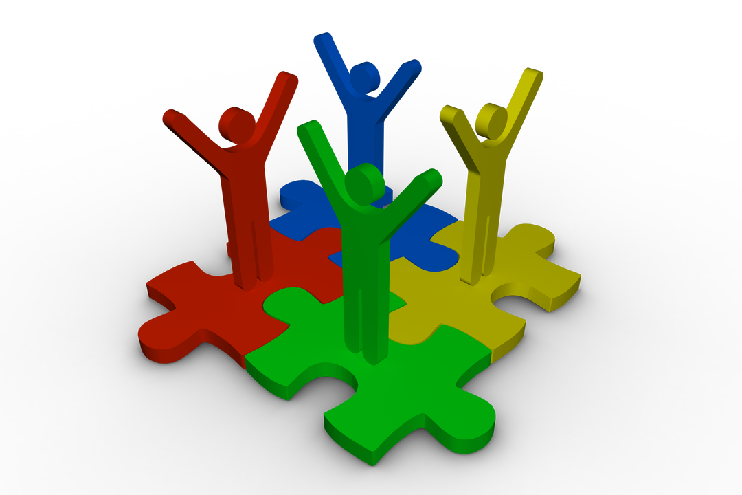 Colorful Puzzle Pieces with Celebrating Figures on Transparent Background - Download Free Stock Images Pikwizard.com