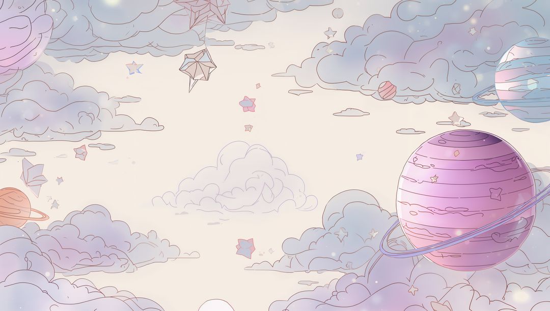 Whimsical Celestial Landscape with Ringed Planets and Clouds