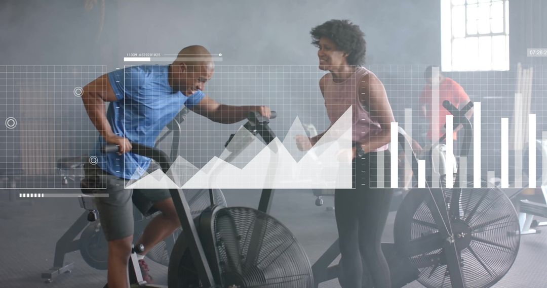 Diverse Couple Engaged in High-Intensity Workout with Digital Data Overlay