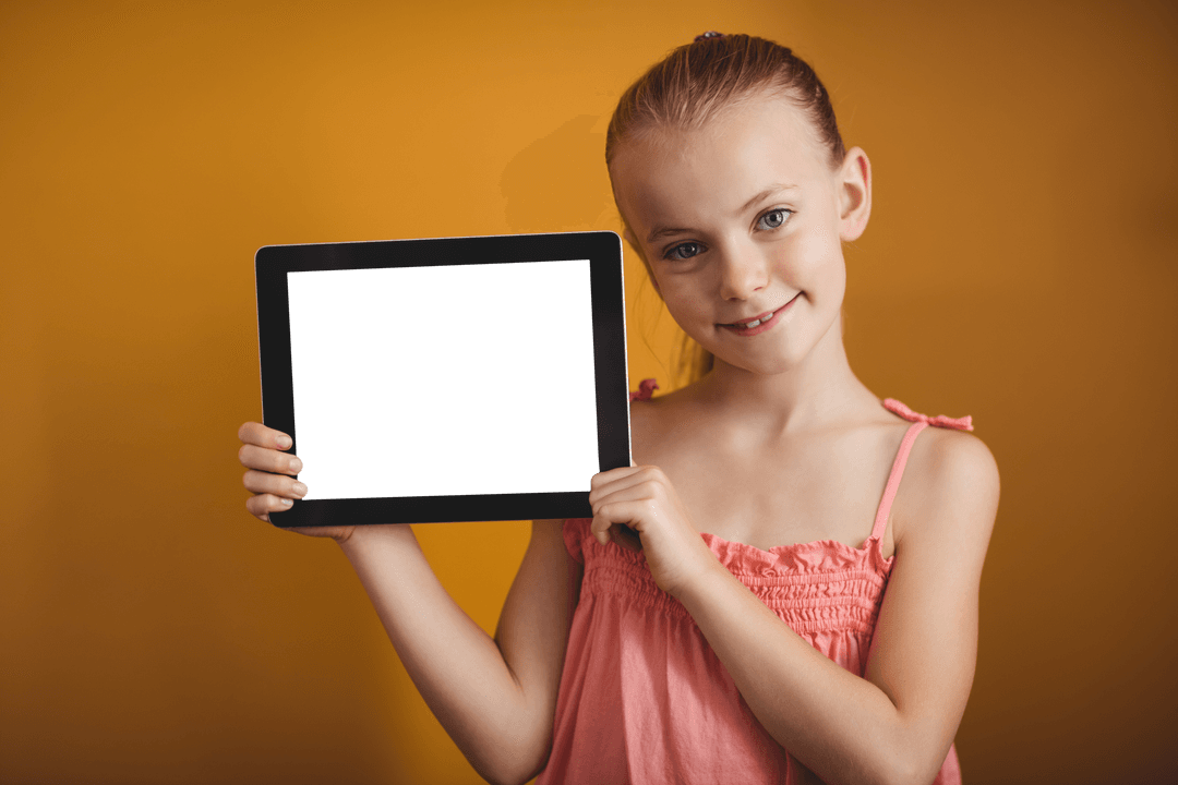 Happy Girl Holding Tablet with Copy Space on Transparent Background