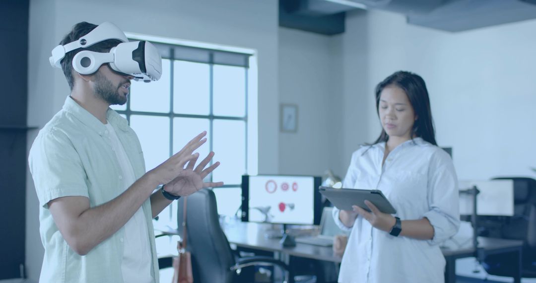 Colleague Using Virtual Reality Headset in Modern Office Environment