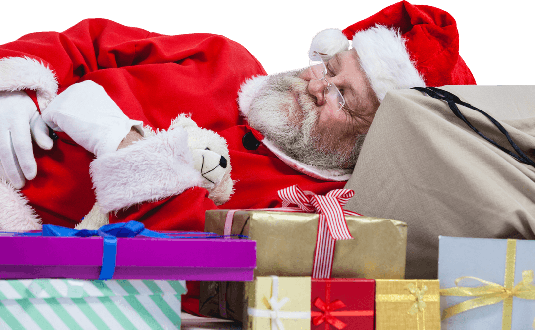 Santa Claus Sleeping Beside Christmas Presents Transparent Background