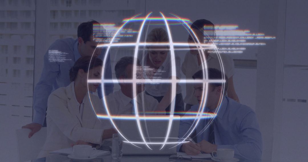 Corporate Team Analyzing Data with Holographic Globe