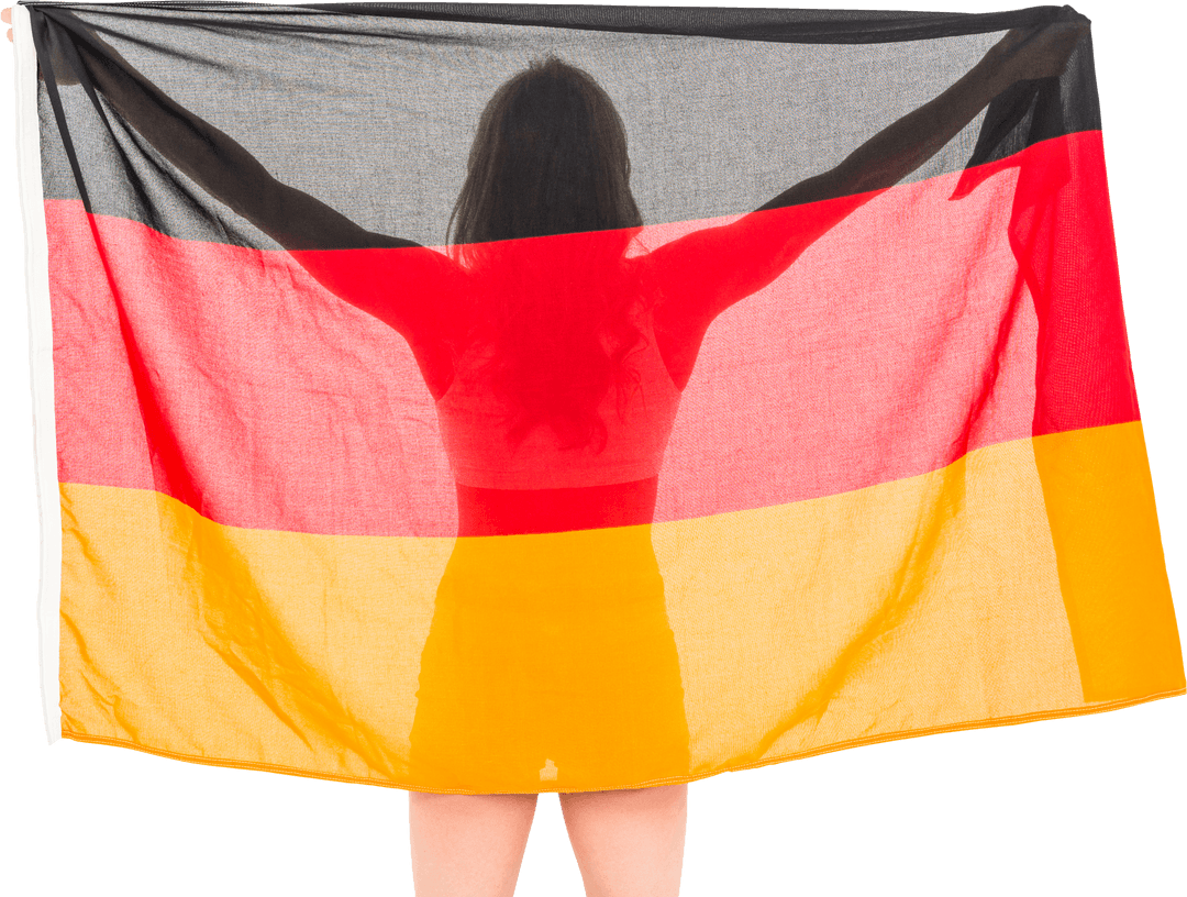 Joyously Posing Behind Transparent German Flag After Triumphant Victory