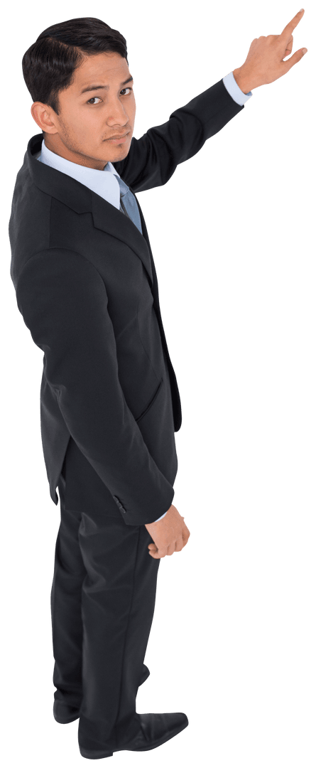 Transparent Young Professional Pointing Upwards in Formal Attire