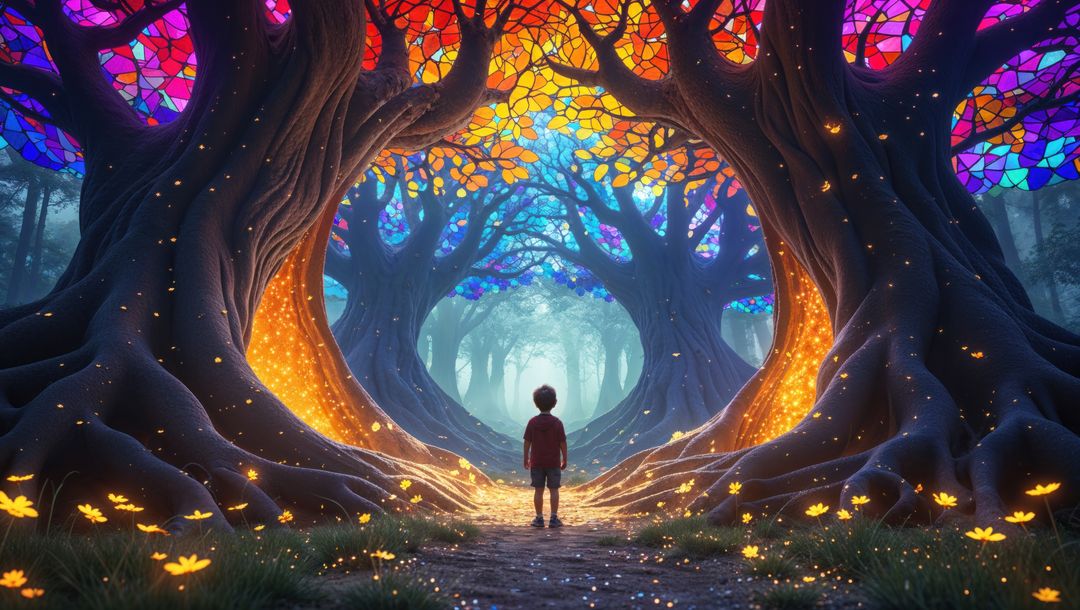 Boy in fantasy forest tunnel with glowing dreaming trees