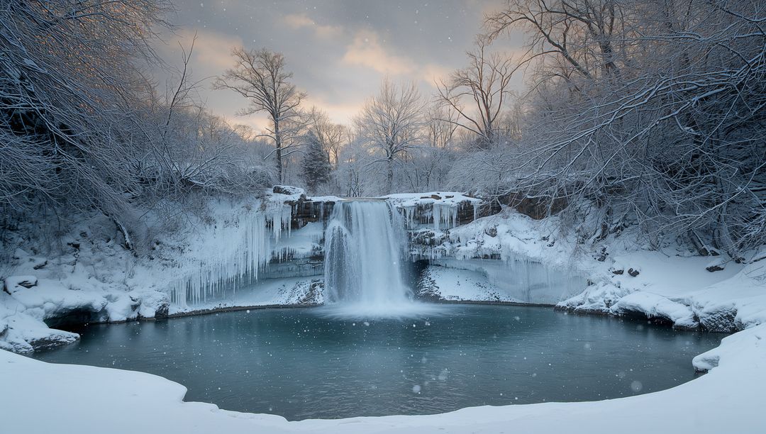 Frozen Waterfall at Dusk with Icicles and Snow-Covered Trees Over Tranquil Plunge Pool