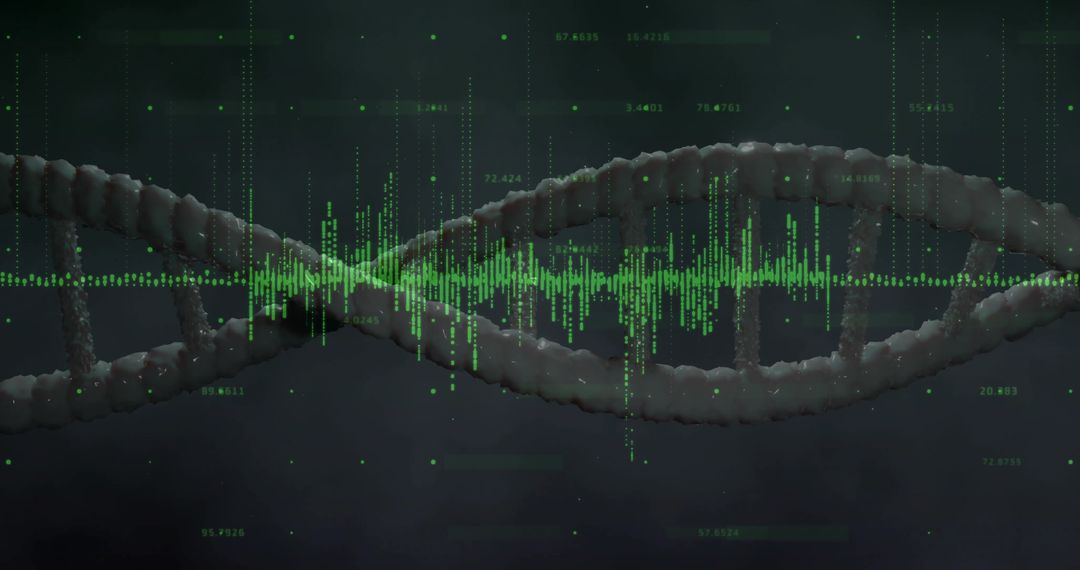 Neon Genomic Waveform Overlaying Textured DNA Double Helix for Bioinformatics Visualization
