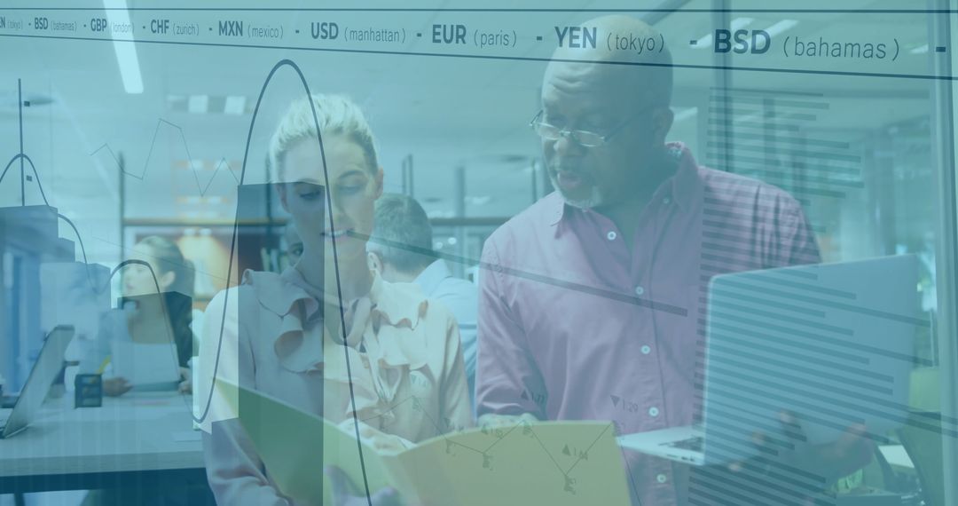 Colleagues Collaborating Over Financial Data in Modern Office