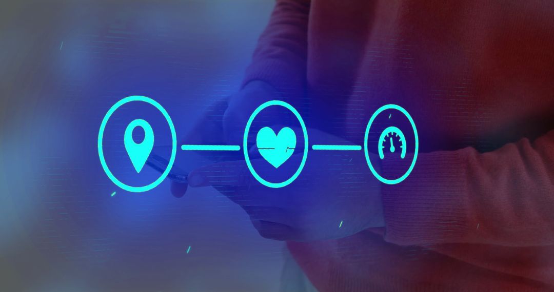 Man Using Smartphone with Health and Navigation Icons Overlay
