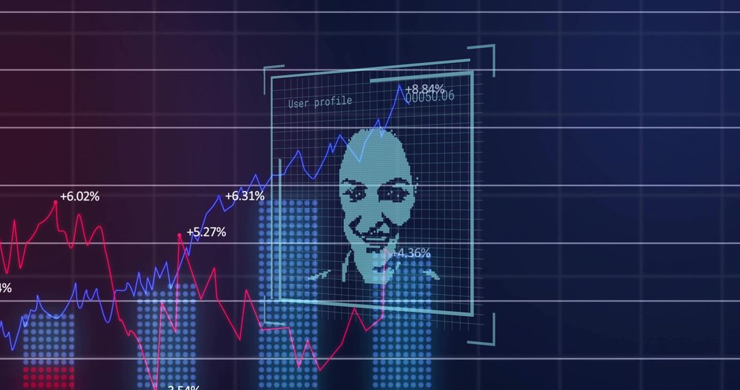 Displaying pixelated user profile overlaying blue and red trend lines on analytics panel