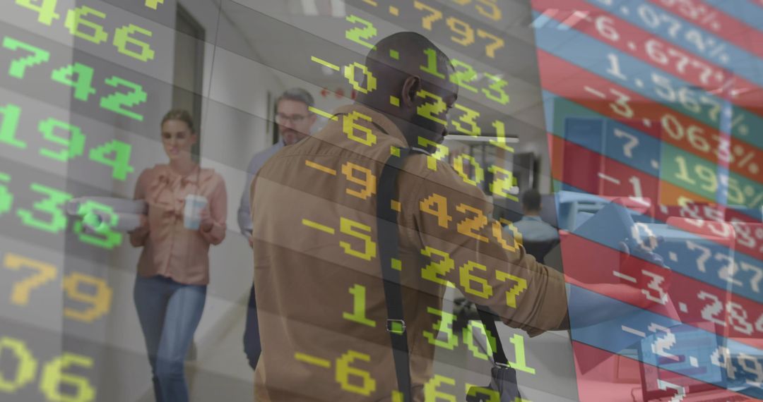 Walking professional in office corridor with stock market data overlay for fintech concept