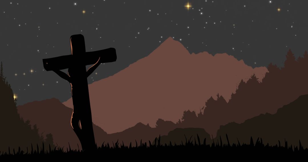 Cross Silhouette with Starry Night and Mountain Backdrop