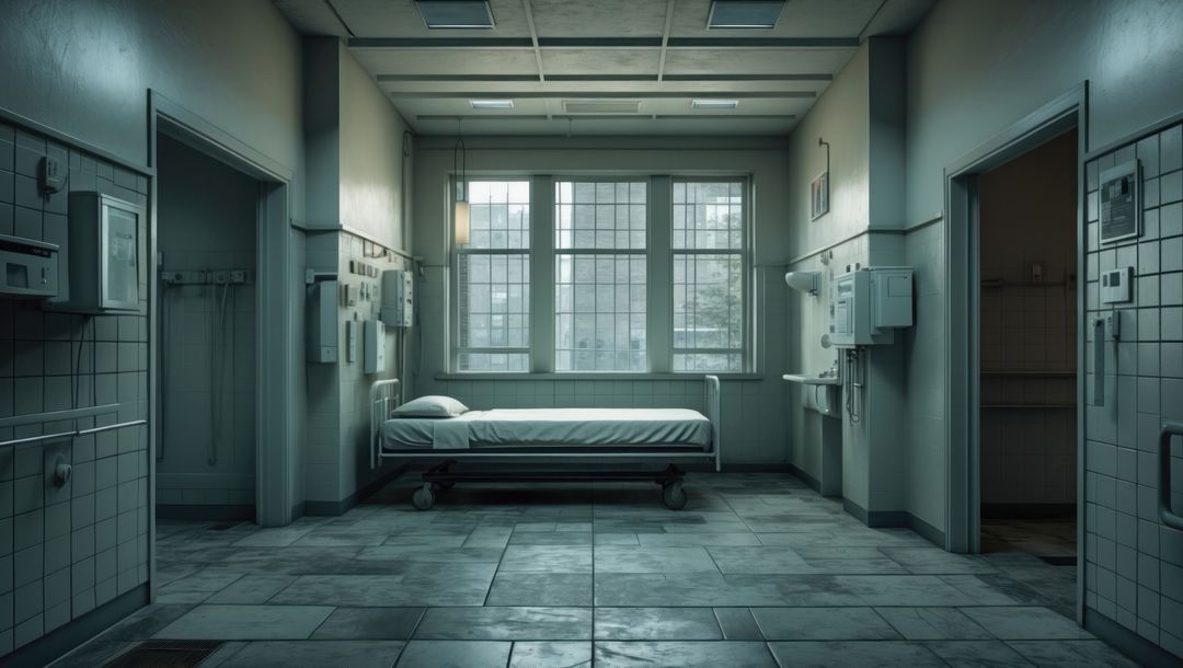 Empty Hospital Room with Cot Under Sunlit Window