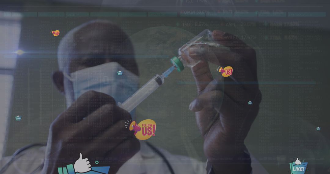 Doctor Analyzing Sealed Vial with Social Media Overlay Effect
