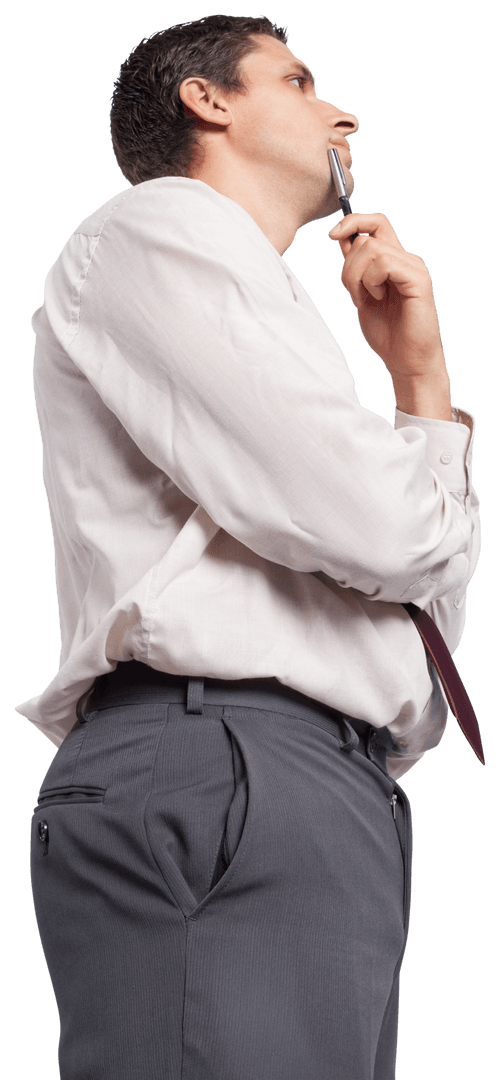 Transparent Businessman Pondering Ideas with Pen in Hand