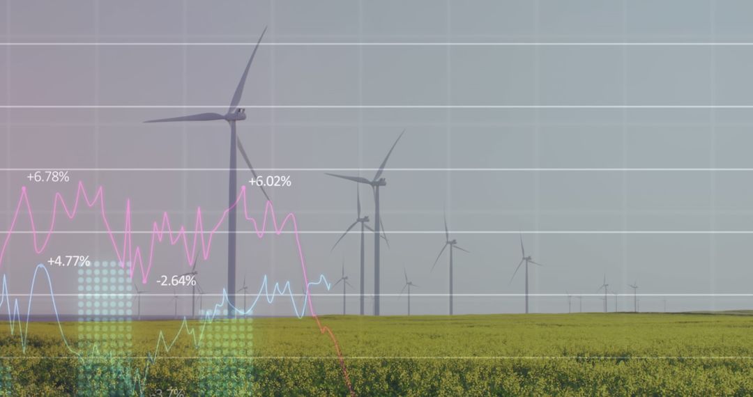 Wind Turbines and Financial Graphs on Green Field Background - Free Images, Stock Photos and Pictures on Pikwizard.com