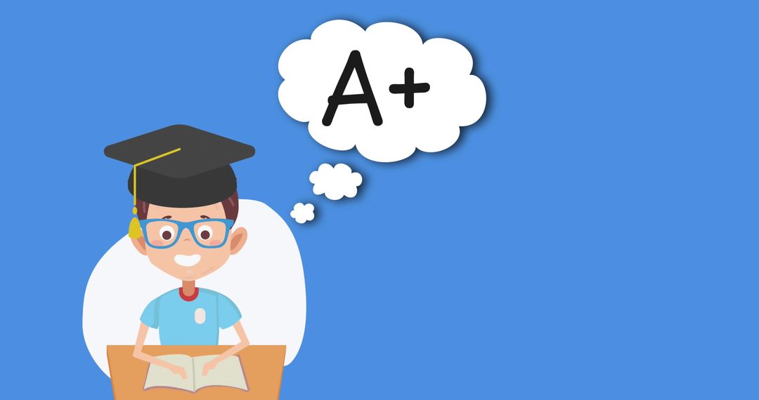 Studious Boy Graduating with A Plus on Blue Background