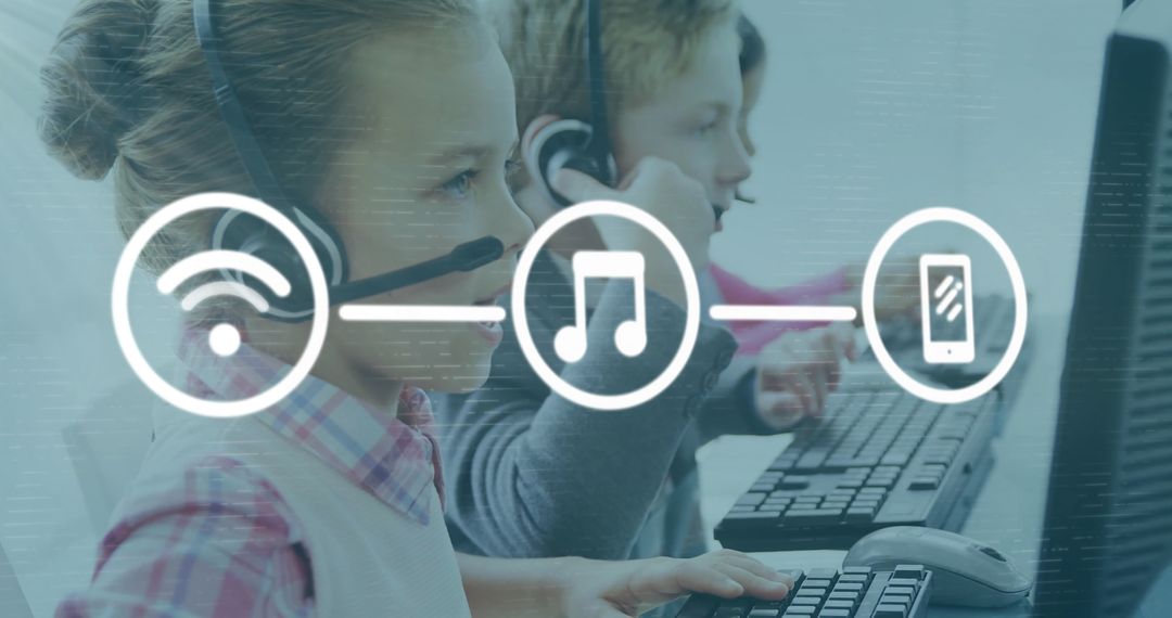 Diverse Children Using Headsets in Digital Communication Office