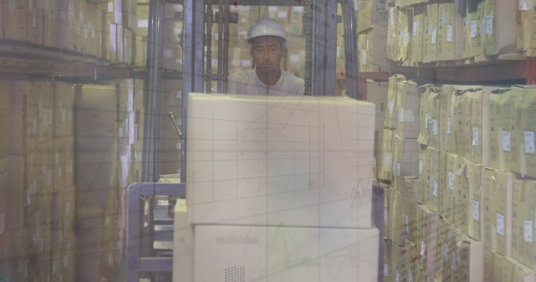 Warehouse Worker Operates Forklift for Moving Storage Boxes