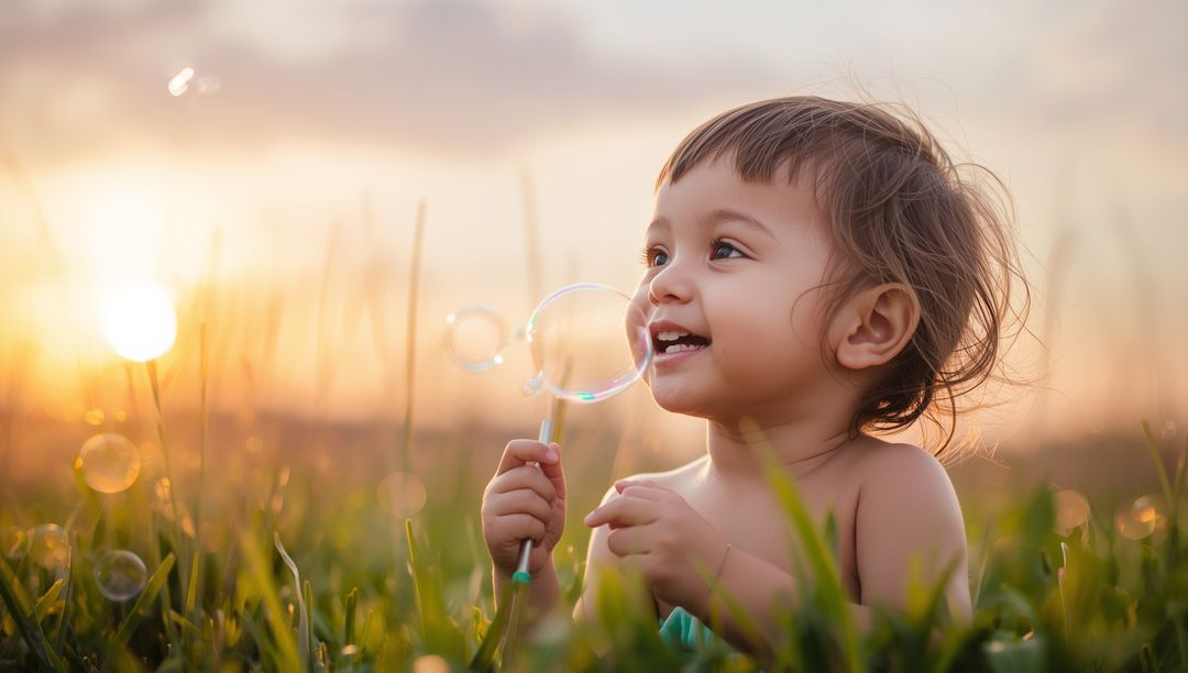 Happy Toddler Blowing Bubbles in Meadow at Sunset