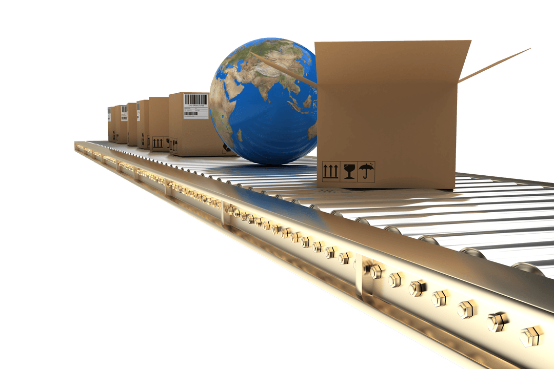 Transparent Globe on Conveyor with Cardboard Boxes for Shipping Concept