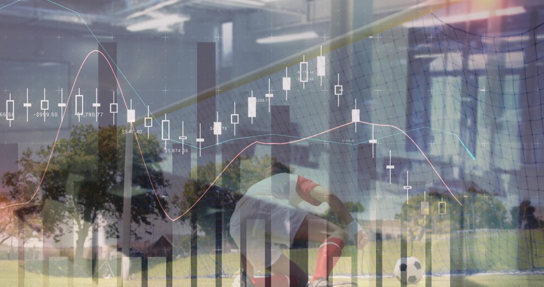 Kneeling Soccer Player Handling Ball at Goal With Analytics Charts Overlay Showing Performance