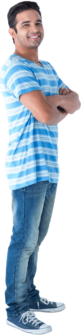 Confident Smiling Man with Crossed Arms, Casual Striped Shirt, Happy Expression, Transparent