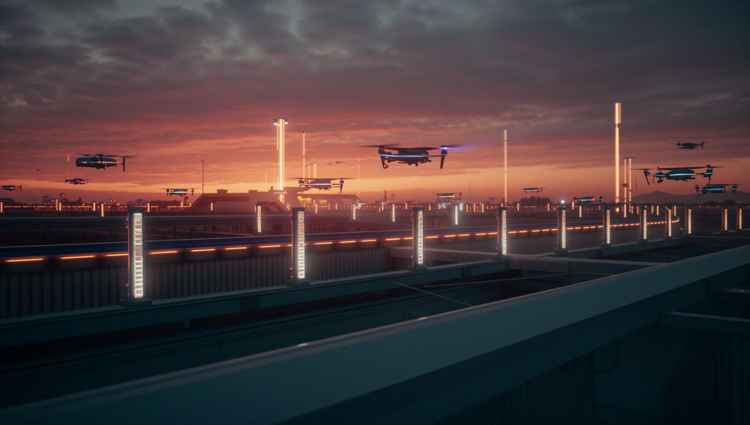 Autonomous Drones Patrolling Futuristic Landscape at Sunset
