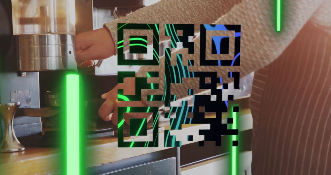 Barista Using Espresso Maker with Neon Digital QR Code